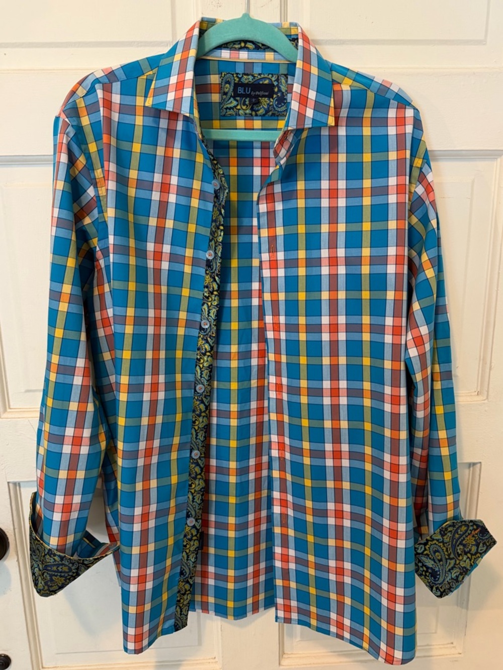 Blu By Polifronti Men's Teal Multi-Color Plaid Button-Up Shirt Sz L